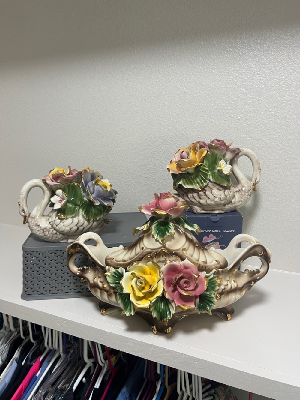 Capodimote Hand-Painted Floral Ceramic Centerpiece tureen and swans